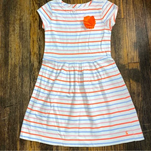 Joules cream, melon, periwinkle, and pink striped dress with flower size 9-10 y - Picture 1 of 5